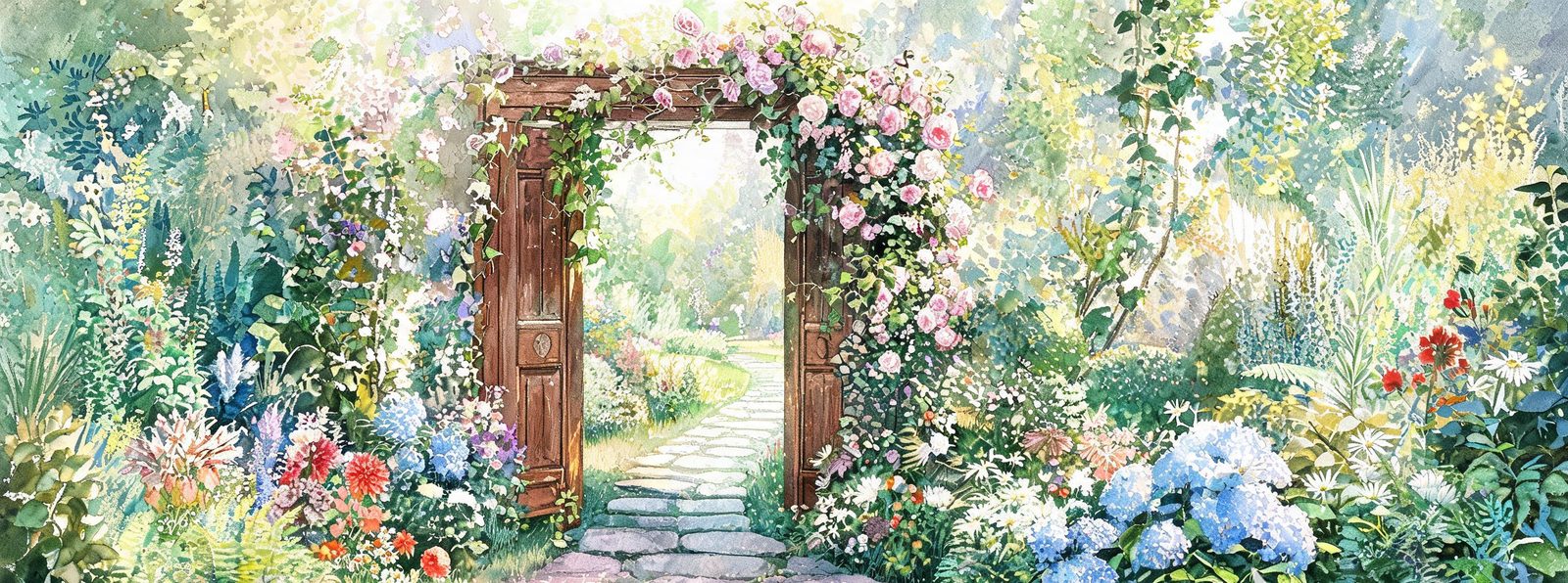 Watercolor garden gate with hydrangeas — printed shed design