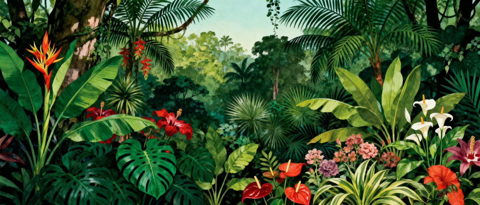 Tropical jungle with red flowers — printed shed design