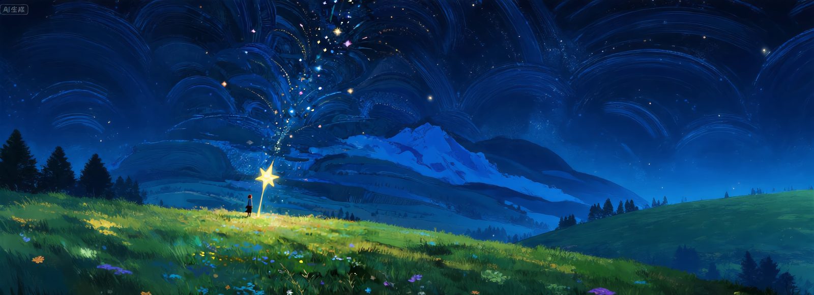 Starlit night meadow painting — printed shed design